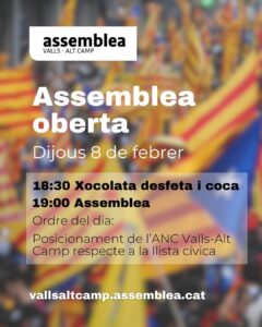Read more about the article L’ANC Valls-Alt Camp convoca una assemblea per acordar un posicionament sobre la llista cívica