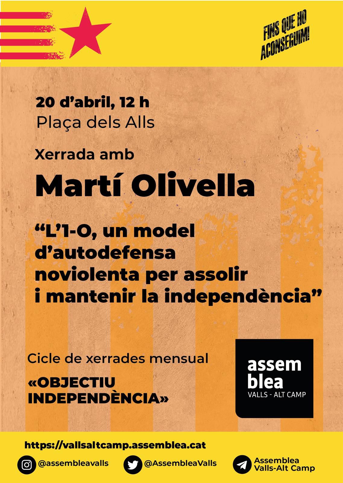 You are currently viewing Martí Olivella parlarà a Valls sobre l’1 d’Octubre com a model d’autodefensa per la independència